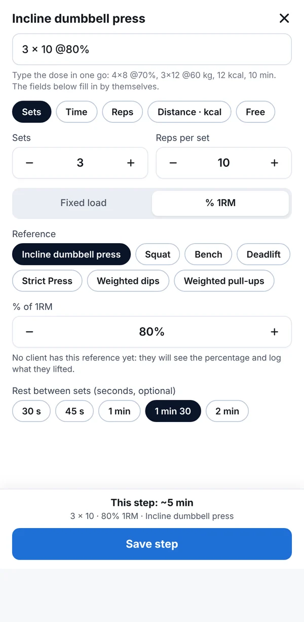 Editing a step: sets, reps, percentage of 1RM and rest