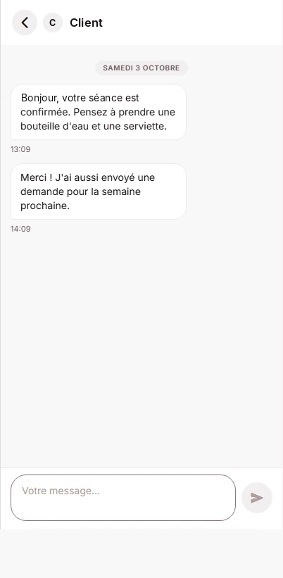 Conversation entre le coach et son client dans la messagerie