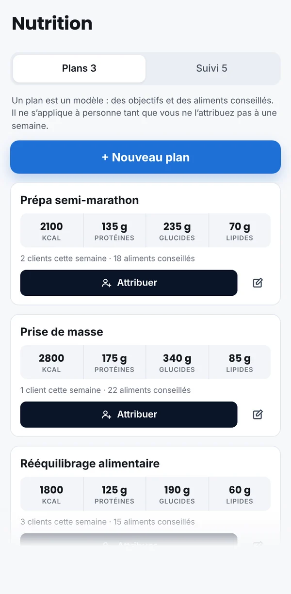 Les plans de nutrition du coach, avec calories et macronutriments