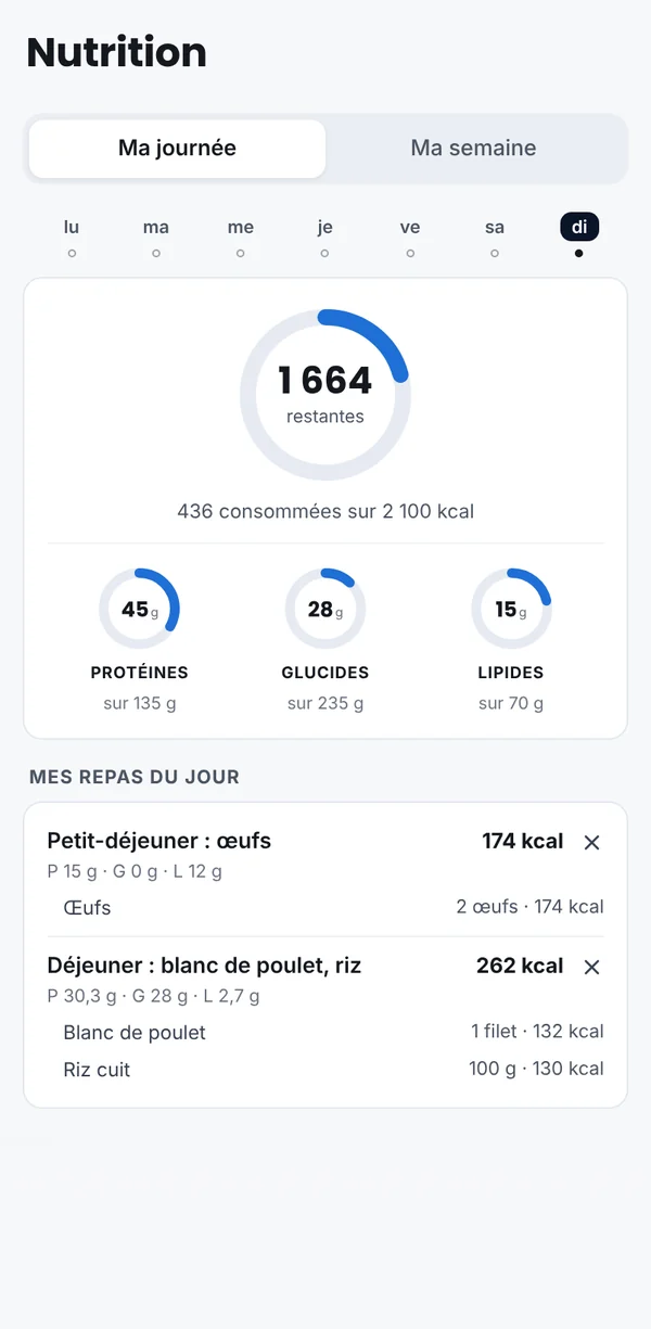 Le suivi alimentaire du client : calories restantes, macronutriments et repas du jour