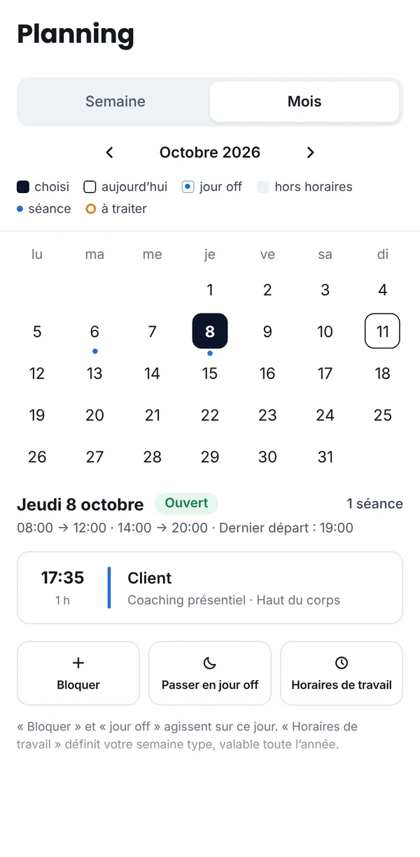 Le planning du coach, avec ses horaires et ses séances en présentiel