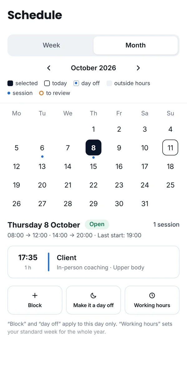 The coach’s schedule, with working hours and in-person sessions