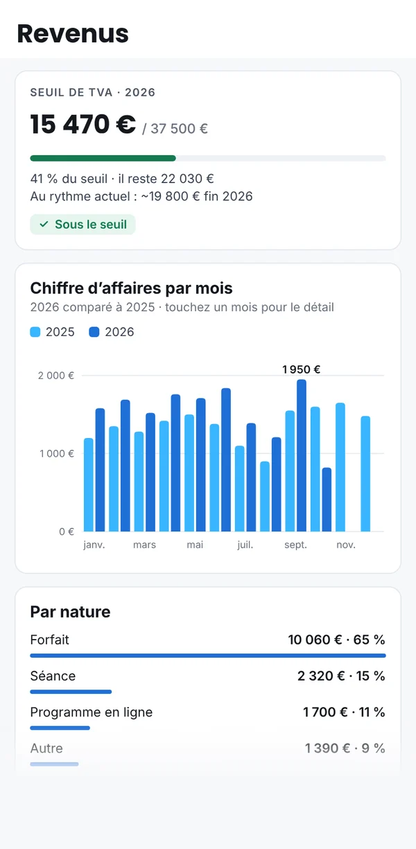 Le suivi des revenus : seuil de TVA, chiffre d’affaires par mois et par nature