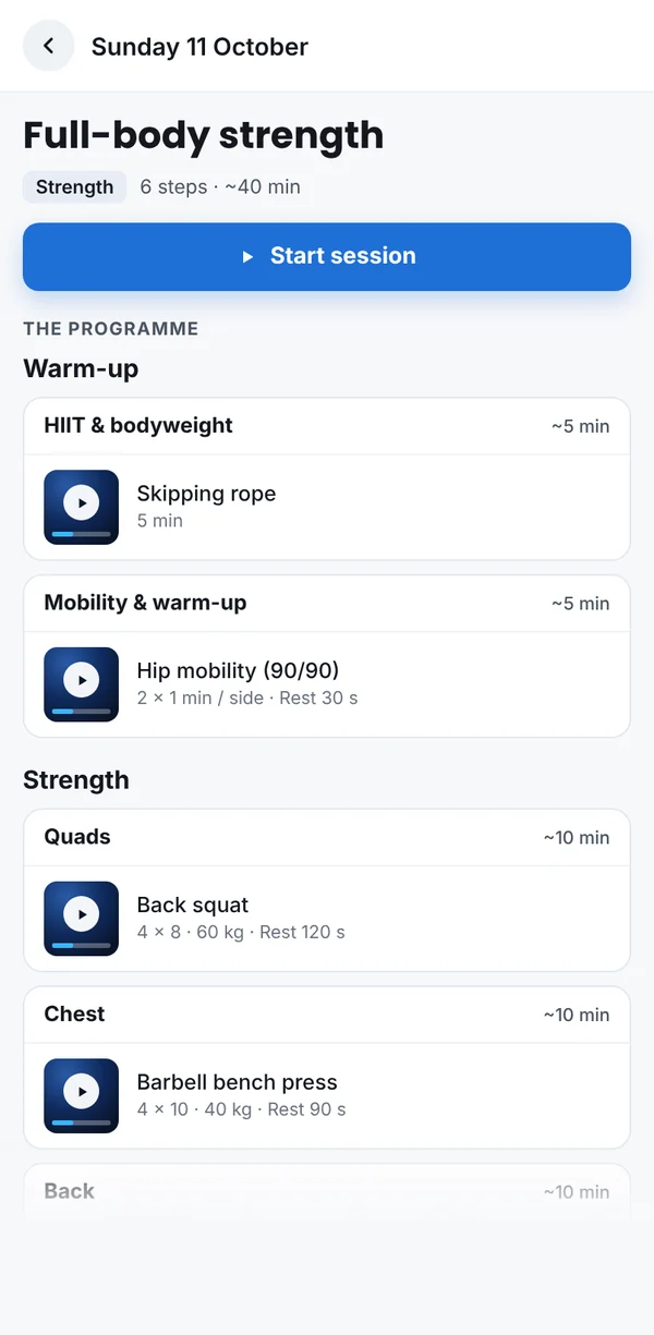 The client’s session of the day, each exercise with its demo video