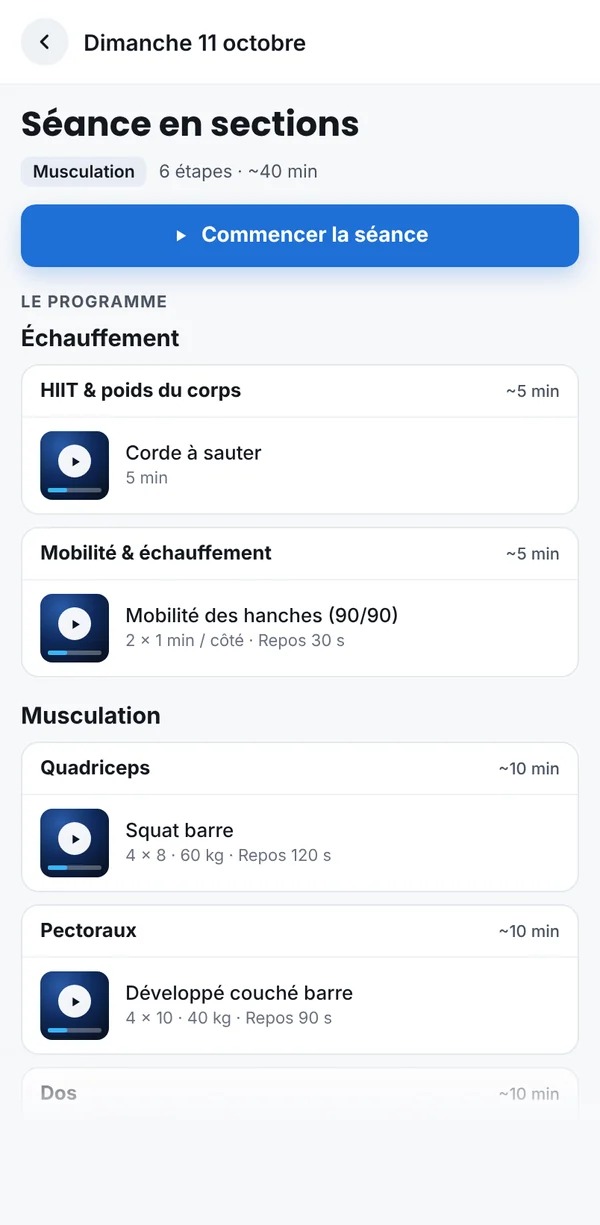 La séance du jour côté client, chaque exercice avec sa vidéo de démonstration